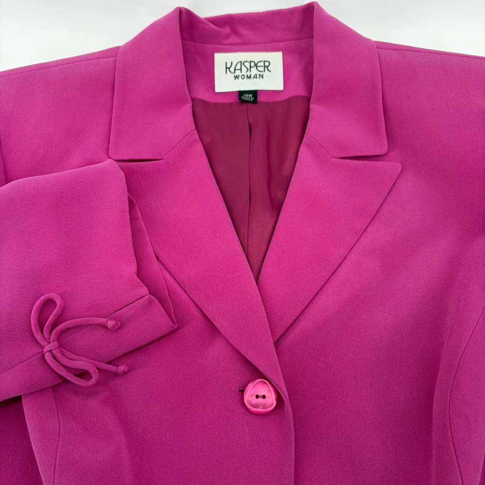 Kasper Woman Magenta Pink 100% Silk Blazer Bow Cuff Jacket Plus Size 18W Lined